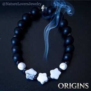 Black Stone + Gray Howlite Stars | Girl Teen Tomboy | Beaded Stretch Bracelet